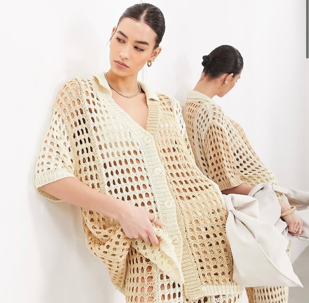 ASOS EDITION NEW Knit Oversized Short Sleeve Shirt in Tonal Cream size Medium